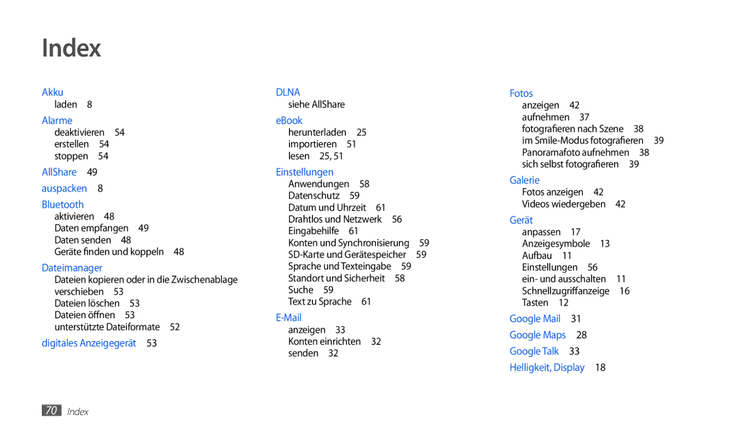 Samsung GT-P1010CWAATO Index, Bluetooth aktivieren 48 Daten empfangen 49 Daten senden , Anwendungen , Text zu Sprache  